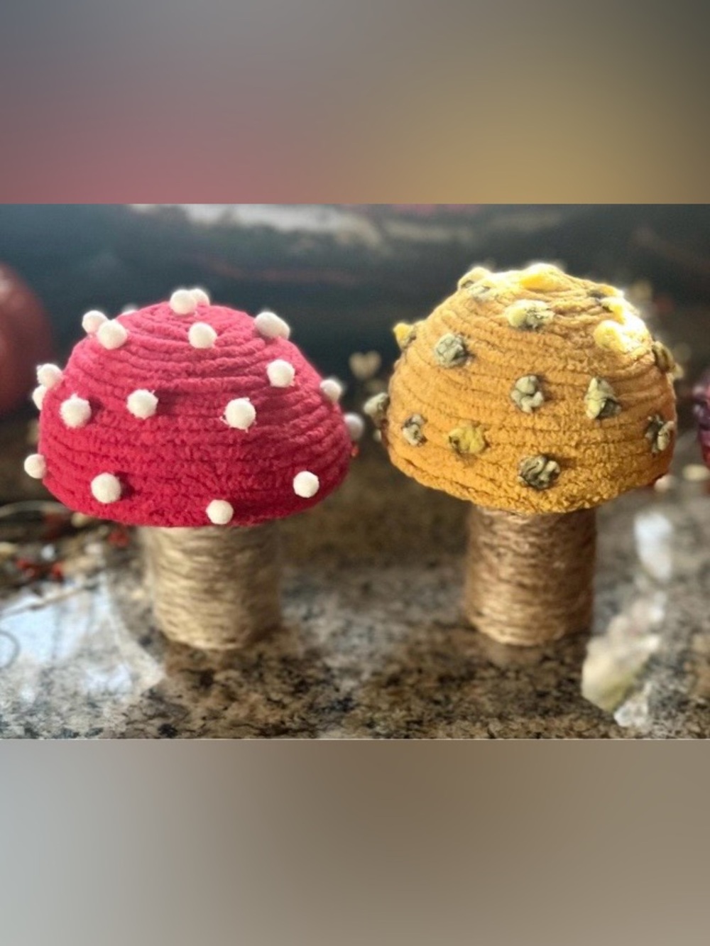 Handmade Red/Yellow Yarn and Twine Mushroom Decorative Accents Farmhouse Syle